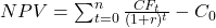 NPV = \sum_{t=0}^{n} \frac{CF_t}{(1+r)^t} - C_0